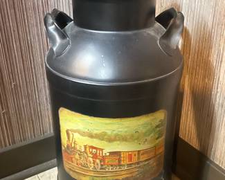Metal Authentic Milk Can with train scene, 26”T,  $40
