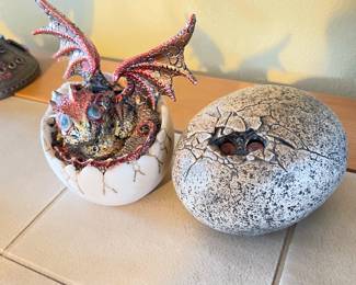 Dragon egg hatched, $14 and  dragon peeping concrete egg,  $20