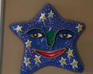 Gina Truex Smiling Star Blue paper mache mask, signed, 10" x 10",  $25