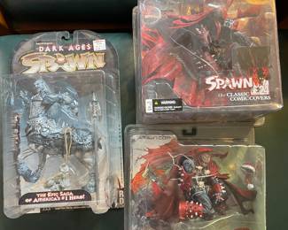 Spawn Action figures - many in box and out of box Spawn figures available - 1.  McFarlane Toy Spawn Dark Ages, The Raider Series 11 action figure, $10.   2. (top left) Spawn Issue 109 McFarlane Toys Classic Comic Covers Series 24 Action Figures, $45.  3. (bottom left) Spawn i.039 masked NIB, $125.