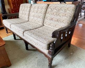 Vtg dark wood 3 cushion sofa,  $265