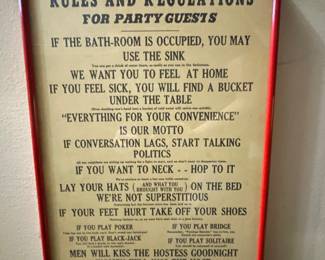 Rules And Regulations for party guests framed, $15