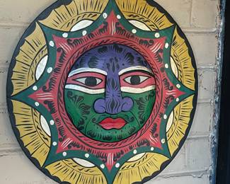 Painted Indonesian Sun face wooden wall decor,  16", $24