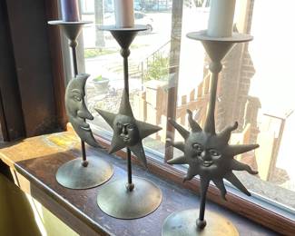 Set of 3, Crescent Moon, Star & Sun brass candle holders, 10"H,    $28