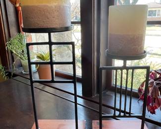Pair of Mission Style candle holders w/candles,  16"H, 12"H,  $40