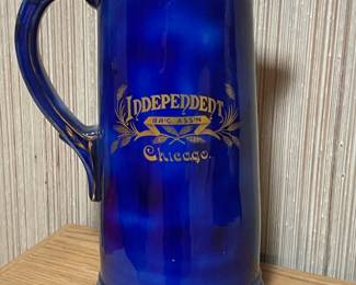 Additional view of 1900's blue tankard, Independent Br'G Association, Chicago Blue pitcher ~
