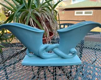 1940s American Pottery Double Cornucopia Vase Aqua Blue Color, $34