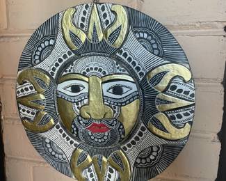 VTG Indonesian painted wood celestial sun face,  11"D,  $24