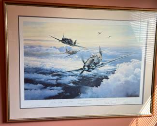  "Knights of the Eastern Front", signed by Robert Taylor, Oberst Erich Hartmann - All time top-scoring ace with 352 victories, Dieter Hrabak - 125 aerial victories, General Gunther Rall - 3rd highest scoring ace with 275 victories, Colonel Herbert Ihlefeld - 132 aerial victories, General Johannes Steinhoff - 187 victories, and General Walter Krupinski  - 197 aerial victories . Limited Edition, 660/1250,  36"W x 27"H,  $225