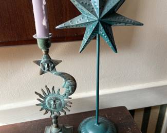 Metal Star, Moon, and Sun candle holder,  $12.  Metal Star on stand,  $9