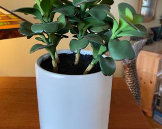 White planter w/faux greenery,  Approx 9"H,  $12