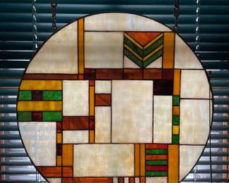 Mission style round stained glass hanging panel, 16"D,  $95