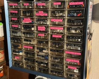 Vtg  50 Drawer metal storage organizer cabinet including contents, $25