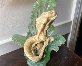 REFRESHED Fantasy mermaid in Green wave, ivorine resin by Oliver Tupton, 7.5"W x 9"H x 5"D,  $35