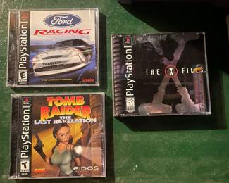 Ford racing Playstation 1 PS1, $6.  Tomb Raider the Last Revelation Playstation PS1, $20.  The X Files Playstation 1 PS1 4 discs,  $20