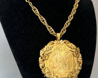 Vintage Chinoiserie Mother and Child Gold Tone Miriam Haskell Necklace 