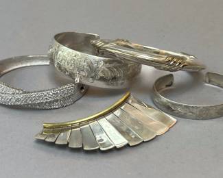 Sterling Silver Bracelets and Mid Century Modern Sterling Brooch