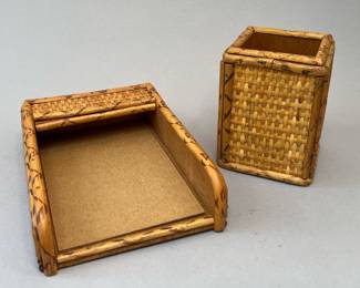 Vintage Pencil and Notes Bamboo and Rattan Desk Set