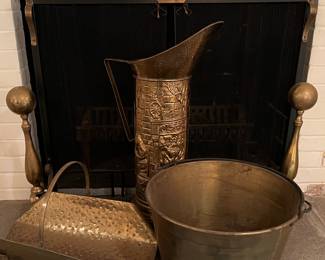Vintage Brass Andirons, Hammered Log Holder, Brass Kettle, Tall Embossed Brass Pitcher and Fireplace Screen 