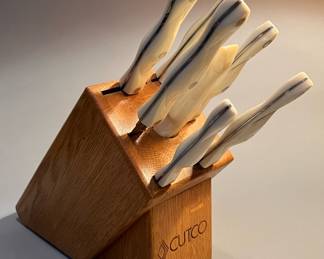 Vintage 7 Pieces  Cutco Knife Set with Pearl White Handles and Wooden  Block