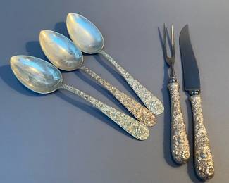 Kirk & Son “Repousse” Sterling Silver Serving Spoons and Carving Set, sold separately 