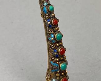 Chinese Reticulated Silver Gilt And Stone Mounted Finger Brooch,