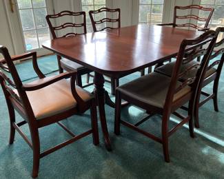 Vintage Mahogany Duncan Phyfe Double Pedestal Table and Chippendale Style Chairs, table and chairs sold separately 