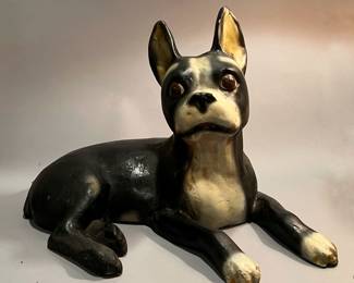 Antique Paper Mache Boston Terrier with Original Paint and wear consistent with age and handling 