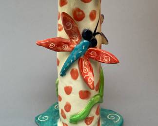 Vintage Elizabeth Carlton Studio “Dragonfly” Hand Painted Pottery Candle Holder, Signed and Dated 