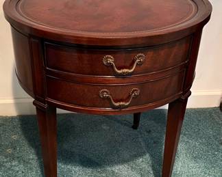 Vintage Round Mahogany Leather Top Two Drawer End Table