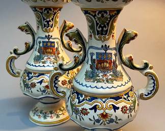 Pair of 18th Century “La Rochelle” Hand Painted French Faience Vases