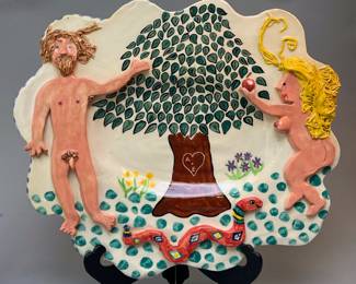 Vintage Elizabeth Carlton Studio “Adam & Eve” Hand Painted Pottery Tray, Signed and Dated 