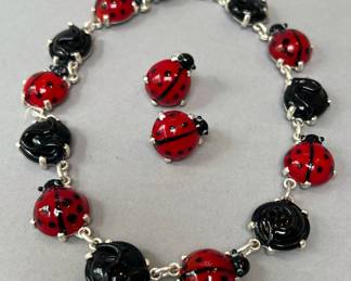 Sterling Silver Lady Bug Necklace and Earrings Set