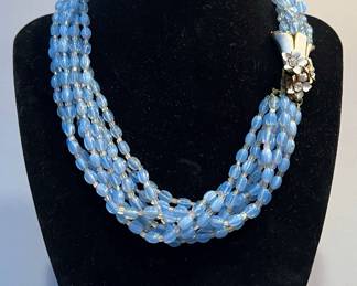 Vintage Sandor Multi Strand Blue Glass Enamel Flower Necklace