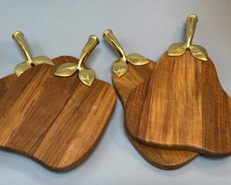 Pear and Apple Shaped Teak Cheese Boards with Brass Handles 