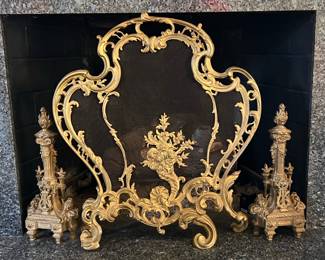Louis XV French Style Fire Screen and French Gilded Bronze Andirons, sold separately 