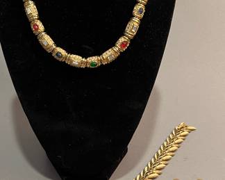 Elegant Costume Jewelry to include Vintage Trifari Bracelet, Swarovski Earrings and Multi Stone Gold Tone Necklace 
