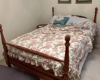 Full size four poster bed- mattress, box spring, frame, art, collectible holiday plates