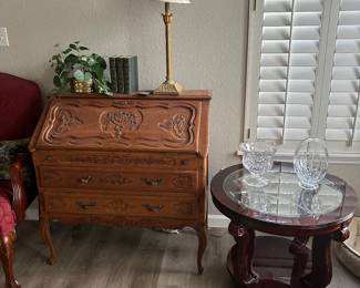 Antique writers desk, wood and glass round end table