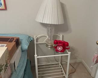 Coca Cola collectible phone, metal end table, lamp