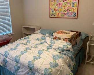 Full size bed- mattress, box spring, bed frame, alphabet art
