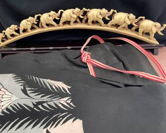 Resin elephants crossing bridge, Vintage exotic Japanese obe with heavy embroidery