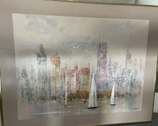 Wall size hanging of signed K Park oil painting of city scene