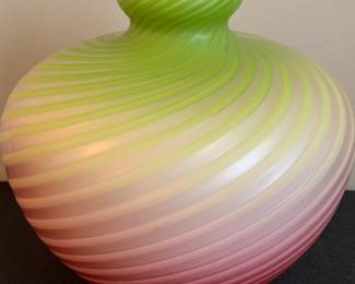 Art glass vase.  Ovoid form with a stepped neck, flared mouth. The body with threaded decoration, the glass green to rose.  6" h.  No noticeable damage.  $250 
