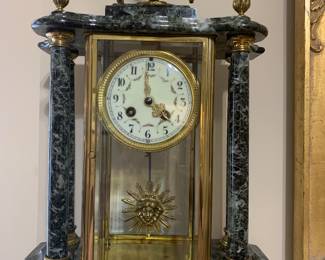 Antique French Portico Clock in marble and bronze, sun pendulum, 15.5" h, $950