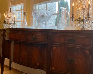 Vintage Sheraton style flame mahogany sideboard, very good condition, minor wear for age.  $1750, 82L 39h 25w