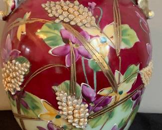 Nippon Moriage double handled footed vase, 8"h $80