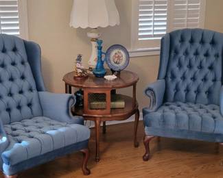 2 beautiful wing back chairs and table