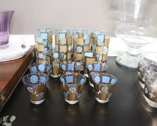 MCM Barware  by Culver Carnival Zombie Glassware 6 Rocks & 8 Highball & 2 Old fashions 22k Gold & Turquoise Glasses 
