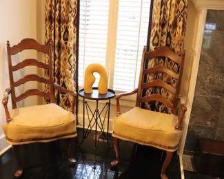 Ladder back Arm Chairs & Round Bronze Metal Accent Table